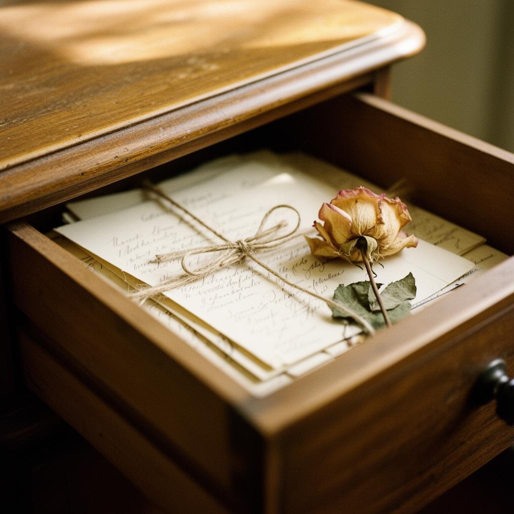 An open wooden drawer holding bundles of handwritten letters and a single dried rose